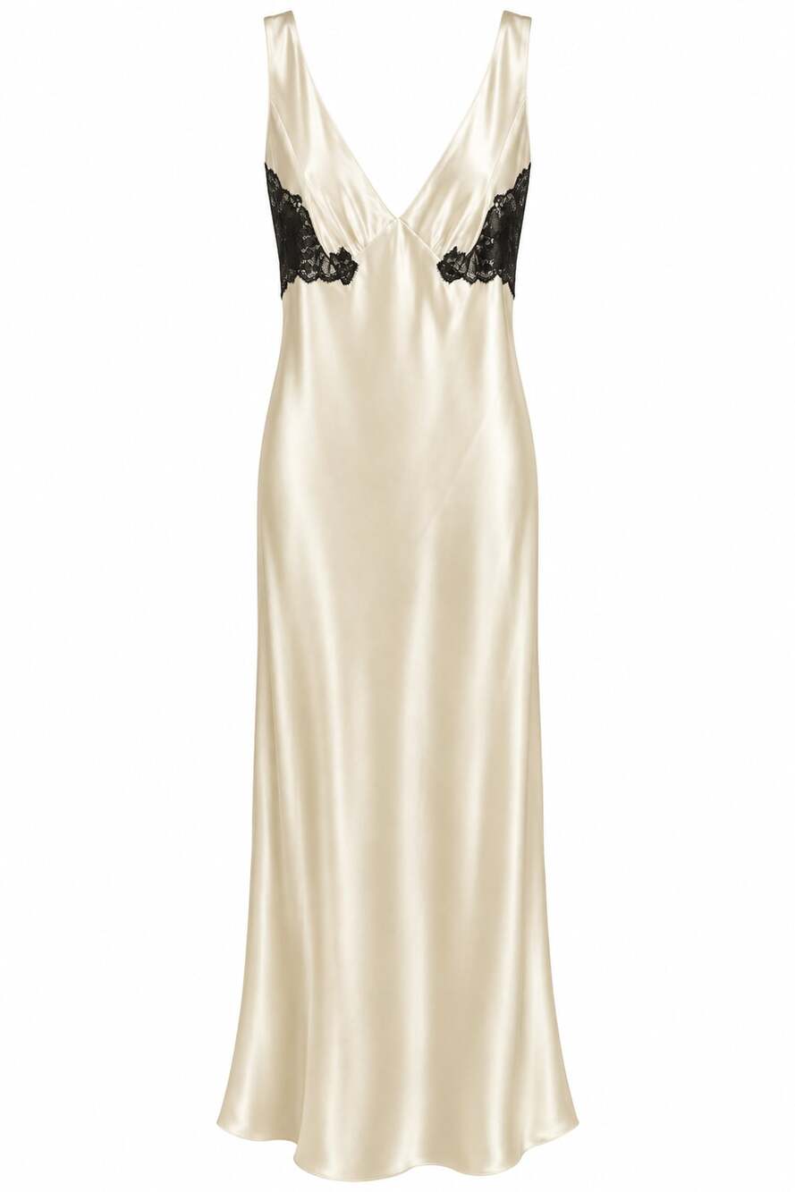 Soma Silk Lace-Trim V-Neck Slip Maxi Dress Champagne Cream